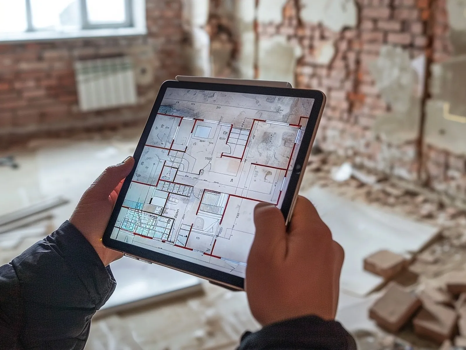 Vizualizácia: tablet s pôdorysom v rukách, v pozadí izba pred rekonštrukciou