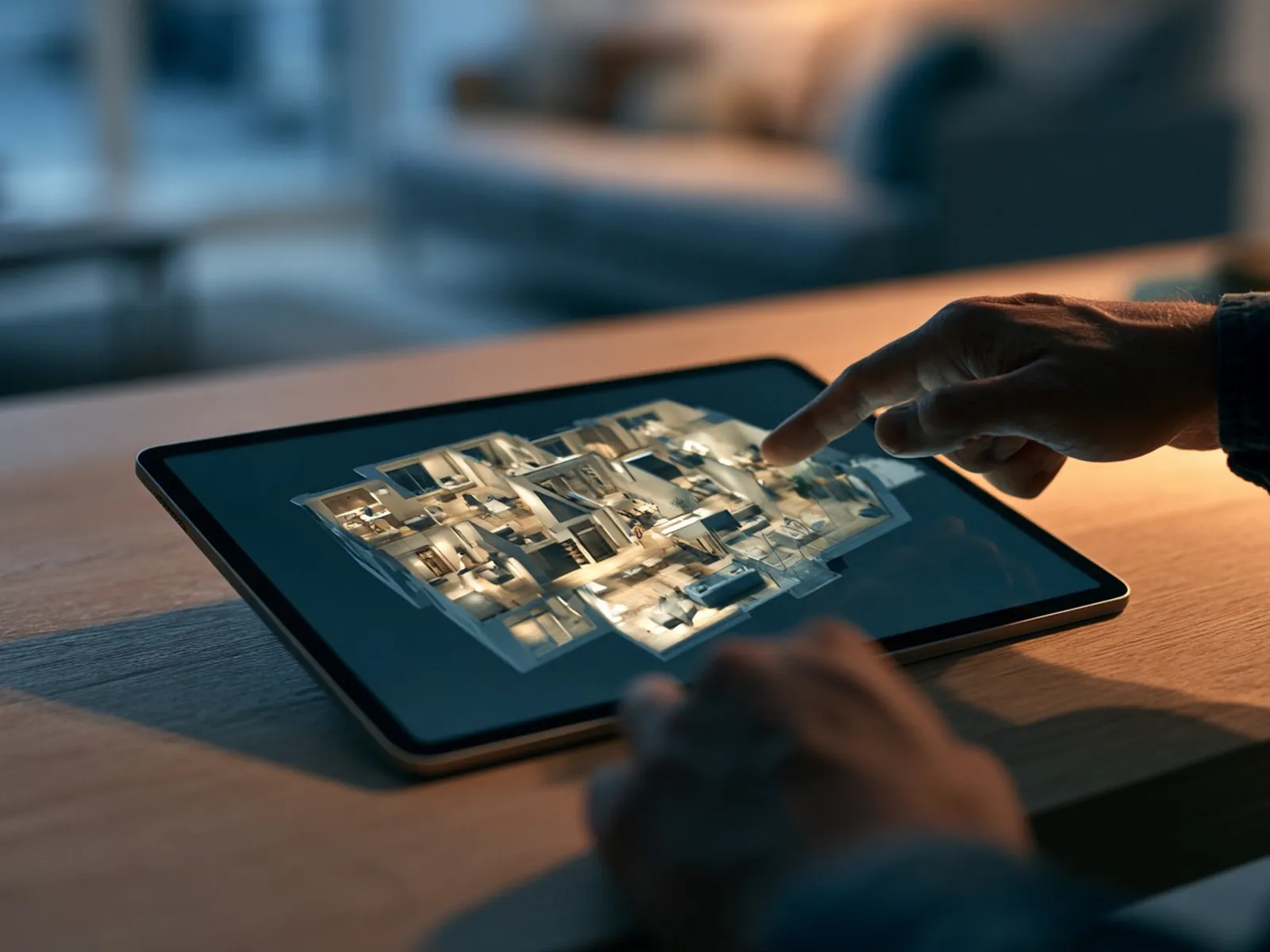 Vizualizácia: tablet na stole s 3D modelom bytu, prst ukazuje na miestnosť